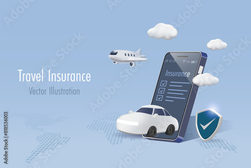 Travel insurance protection. Car and flying airplane on mobile app with protective shield to protect from accident and travel. 3D vector.