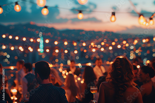 Energetic rooftop party with people dancing and enjoying themselves against the backdrop of city lights photo