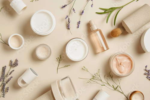 A collection of beauty products and tools are laid out on a table. The items include a variety of brushes, a bottle of lotion, and a bottle of oil. Scene is that of a spa or beauty salon