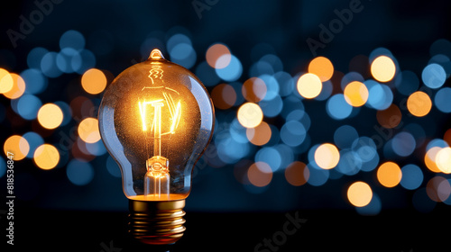 An illuminated or glowing lightbulb on a dark background with data and information analysis. The bulb represents new ideas, innovation, creativity, understanding, knowledge, and inspiration.