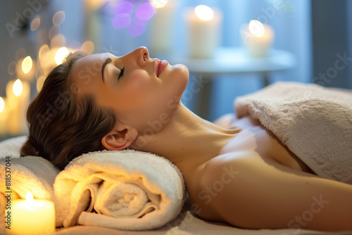 A woman is laying on a bed with a towel wrapped around her head. The room is dimly lit and has a relaxing atmosphere