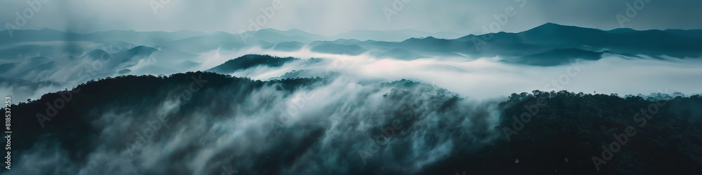 Misty Majesty: Aerial View of Fog-Clad Mountains. Generative AI