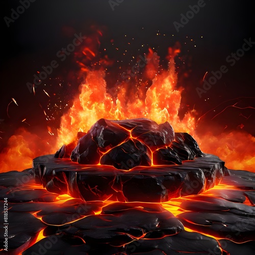 fire lava podium rock volcano background product magma display scene stone floor platform, Ai Generated