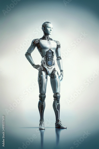 Android robot, pose 4. The robot holds his hand on the belt