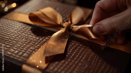 Detailed close-up of a luxurious gift box being sealed, highlighting elegant materials and precise craftsmanship, capturing the moment glue tape adheres perfectly