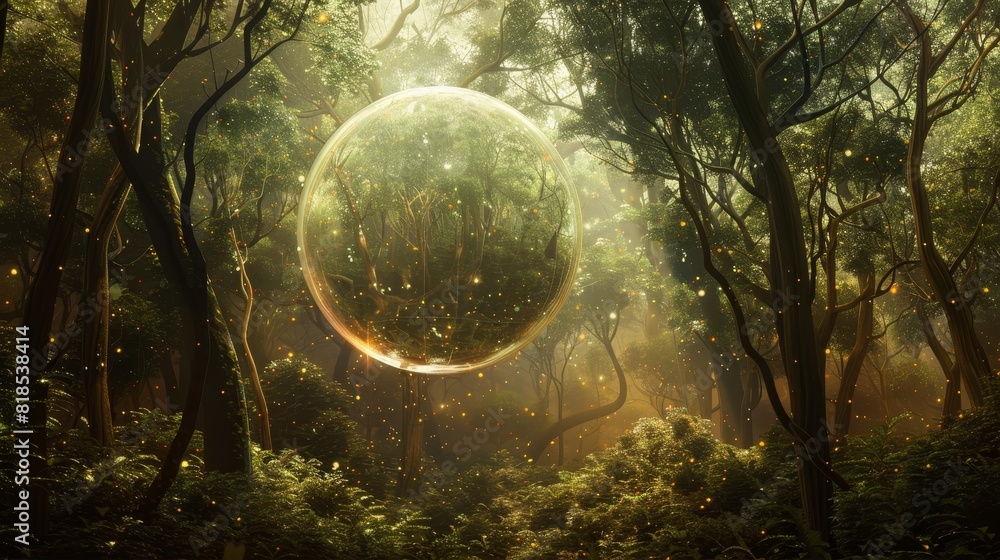 Coffee tree forest bathed in ethereal light, a luminous transparent sphere hovering above the ground