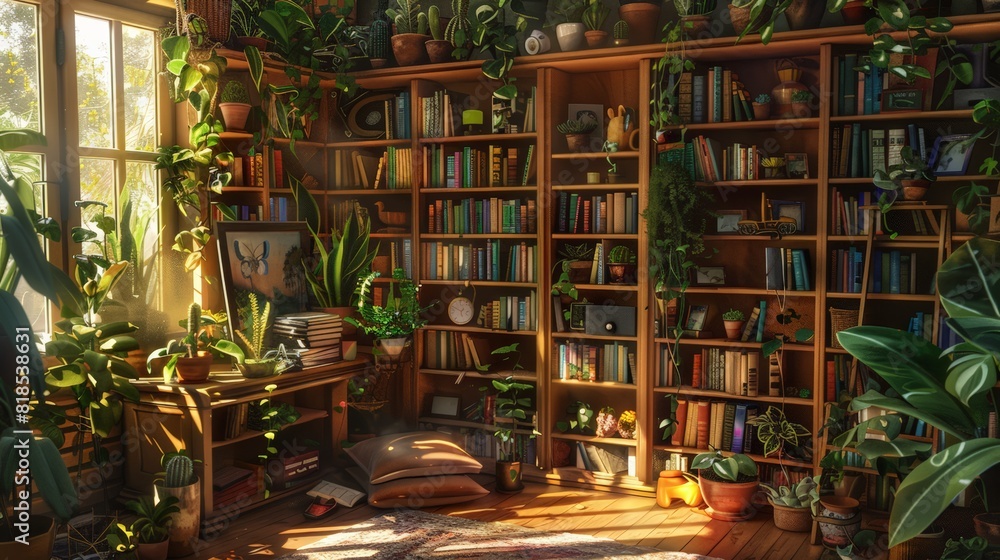 A room with a large bookshelf filled with books and a chair A room with a large bookshelf filled with books and a chair
