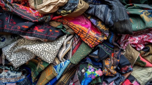 Close-up view of a pile of colorful military uniforms, various textures and patterns, tightly packed together, detailed fabric and stitching