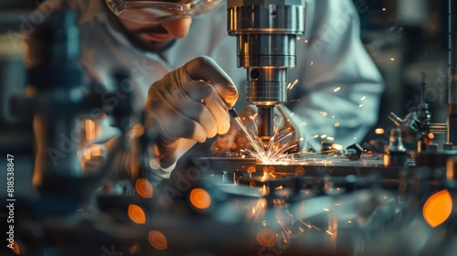 A man in a lab coat is working on a machine with sparks flying
