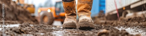 The close up picture of the worker walking inside construction site while wearing the safety shoes, the construction worker require skill like technical knowledge, safety awareness, strength. AIG43.