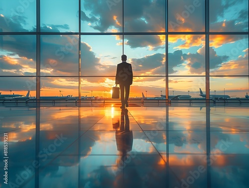 Businessman Silhouette Walking in Sunset Airport Terminal with Reflection
