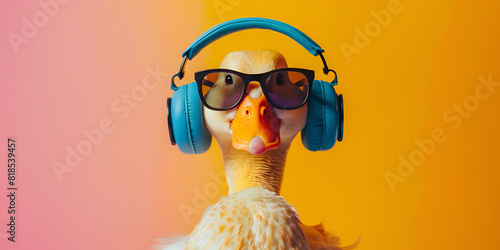 A Little Duckling Sings on a Colored Background Goose with Headphones
 photo