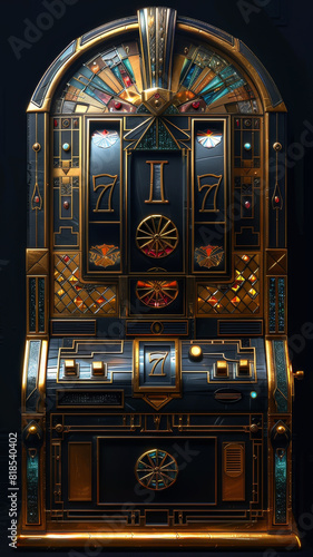 Vintage slot machine with intricate golden details and geometric patterns, exuding a sense of luxury and classic casino charm photo