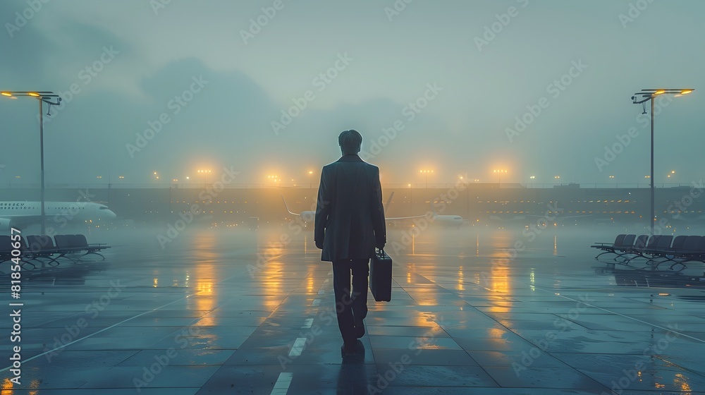 Fototapeta premium Lone Businessman Navigating the Foggy Airport Terminal