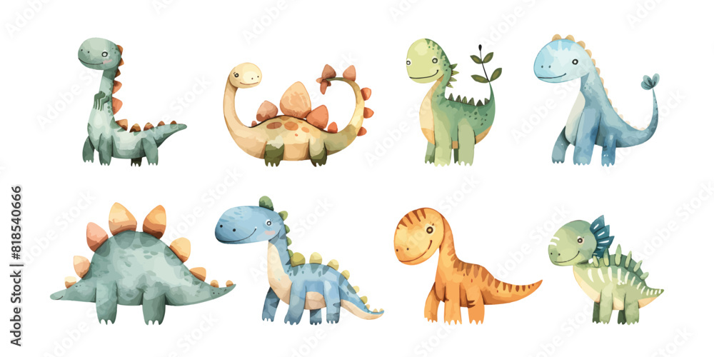Set collection of watercolor illustration cute colorful dinosaurs isolated on white background