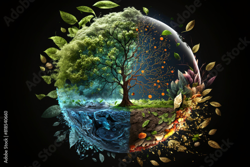 Illustration of a tree representing four seasons and elements, showcasing the cycle of life and nature's diversity with vivid detail photo