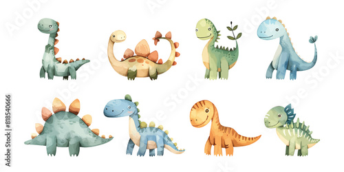 Set collection of watercolor illustration cute colorful dinosaurs isolated on white background