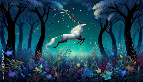 A fantasy Scimitar oryx with glowing, intricate antlers leaping gracefully in a magical forest photo