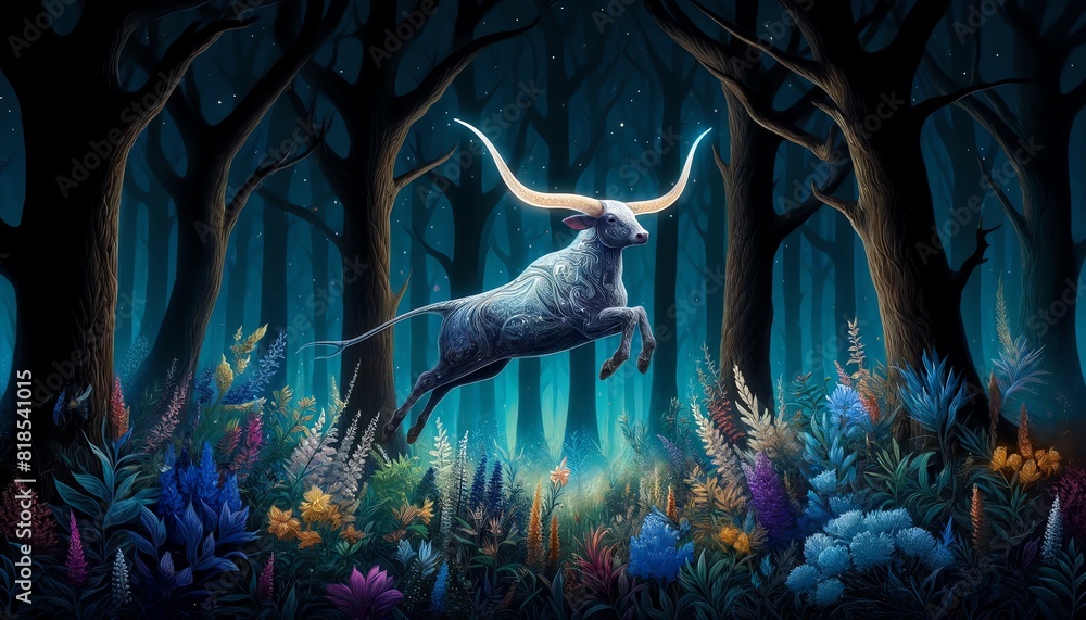 Fototapeta premium A fantasy Texas Longhorn with glowing, intricate antlers leaping gracefully in a magical forest