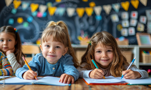 Engaged Young Girls Focused on Homework in Vibrant Classroom Setting with Colorful Decor and Educational Materials