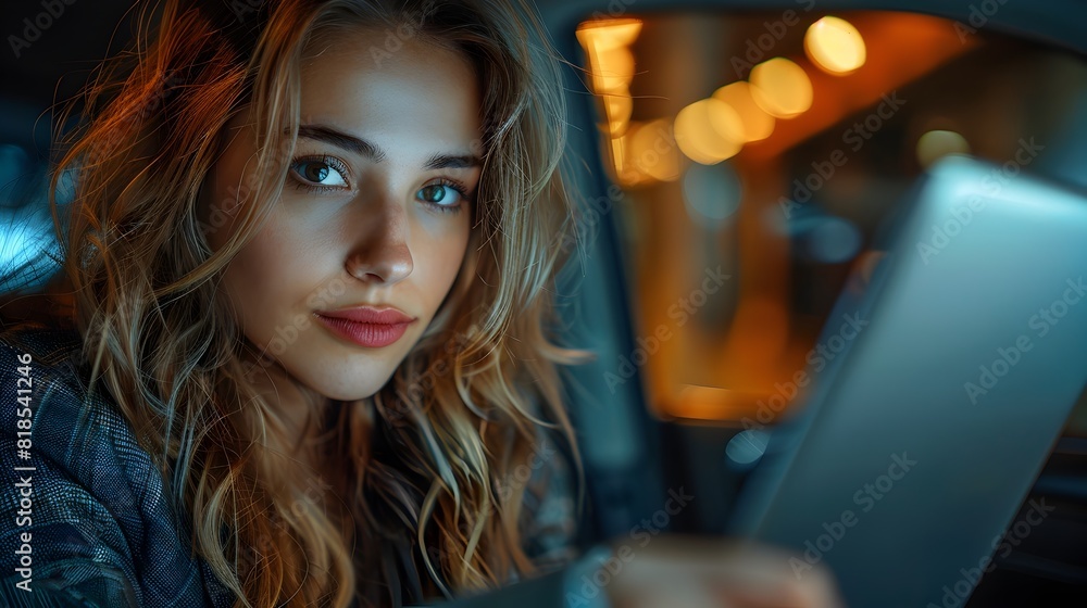 Businesswoman in Suit Working on Tablet in Car at Dawn Businesswoman in Suit Working on Tablet in Car at Dawn