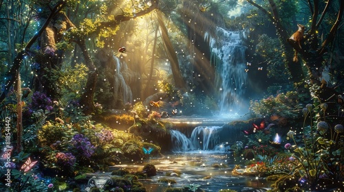 Enchanted woodland with a sparkling waterfall  ethereal light beams breaking through the canopy  and mythical creatures frolicking
