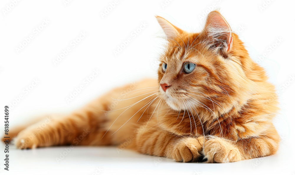 Charming Ginger Tabby Cat Lounging on a Pristine White Background, Exemplifying Peace and Calm in Home Pet Photography