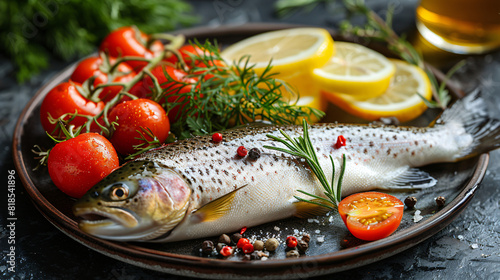 Fresh trout fish on a plate with vegetables