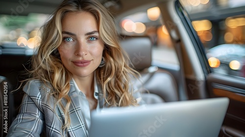 Businesswoman Working Productively on Laptop in Car During Commute photo