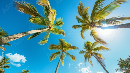 Dynamic angle of palm trees against pure blue sky  emphasizing height and natural beauty  vibrant and serene