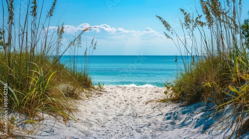 Dreamy turquoise beach  sandy pathway leading to the ocean  ethereal sunlight casting soft shadows  clear blue sky  calm and serene vibe