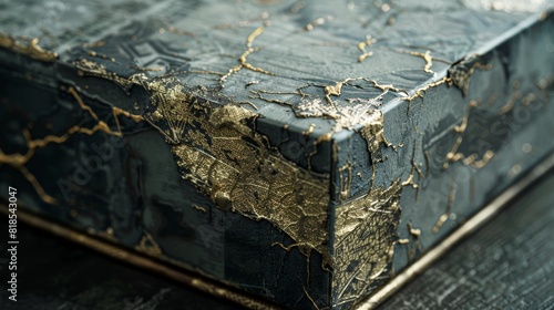 Detailed image of a luxurious gift box with a torn corner, showing high-end materials and gold accents, slightly worn and damaged