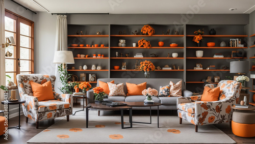 A living room with a gray couch, orange armchair, and built-in bookshelves decorated with books, vases, and floral arrangements.