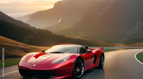 Car running on asphalt road, landscape view of big mountains and sunset sky in the background. The car is the main focus and it is a high-performance vehicle. photo