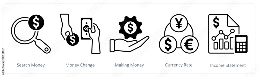 A set of 5 Banking icons as search money, money change, making money A set of 5 Banking icons as search money, money change, making money