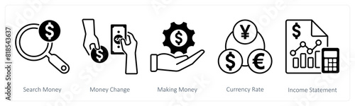 A set of 5 Banking icons as search money, money change, making money