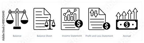 A set of 5 Banking icons as balance, balance sheet, income statement