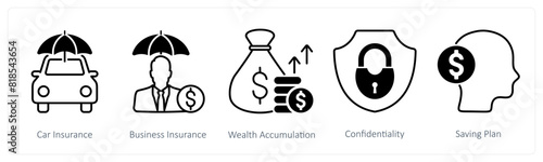 A set of 5 Banking icons as car insurance, business insurance, wealth accumulation