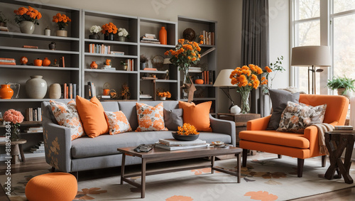 A living room with a gray couch, orange armchair, and built-in bookshelves decorated with books, vases, and floral arrangements.