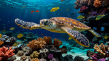 Sea Turtle Resting Among Colorful Coral Formations Imagine a cinematic underwater image of a sea turtle resting peacefully among colorful coral formations