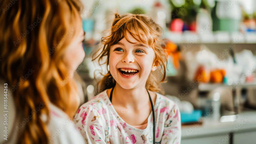 A young girl laughing with joy as she shares a warm, carefree moment with her parent in a bright kitchen setting. A young girl laughing with joy as she shares a warm, carefree moment with her parent in a bright kitchen setting.