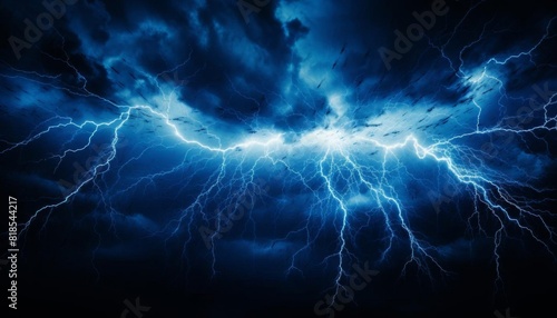 Dramatic lightning flash, with multiple electric blue bolts lighting up the night sky, set against a dark background, showcasing raw energy
