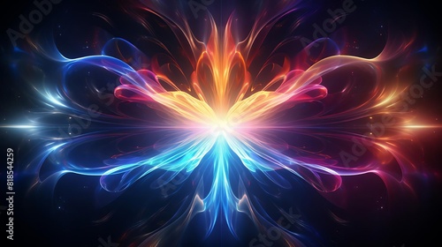 Dynamic burst of colorful energy waves, emanating from a central core, isolated on a dark background, showcasing vibrant and powerful motion