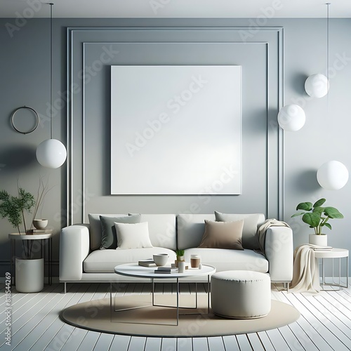 A living Room with a mockup poster empty white and with a couch and a table art image harmony meaning has illustrative.