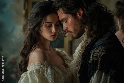 Capturing passion in the renaissance, victorian, and baroque era: a timeless love story portrayed by a couple in vintage attire, embracing the elegance, romance, and nostalgia of historical periods.