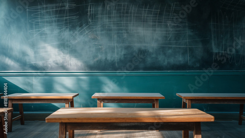 Leeres Klassenzimmer mit leeren Holzbänken und alter Tafel mit Lichteinfall, Konzept für Back to School und Bildung photo