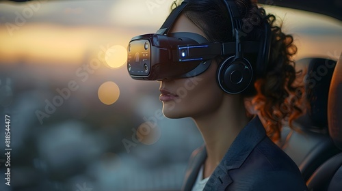 Businesswoman Immersed in Virtual Reality Commute in Car at Golden Hour