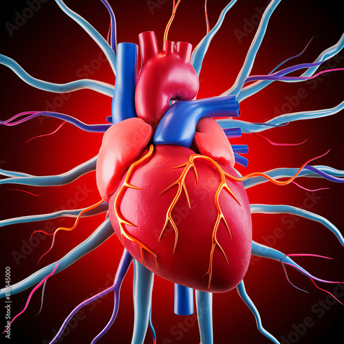 3d rendered illustraiton of human heart with viens pumps blood red background anatomy medical science  photo