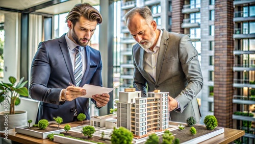 Real Estate Financial Planning: A real estate developer discussing project financing with an architect over plans and models, focusing on investment and development strategies.
 photo