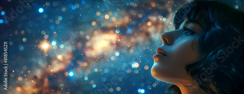 woman with short, black hair styled in loose waves, gazes thoughtfully into the night sky. Her profile is illuminated by the soft glow of the Milky Way